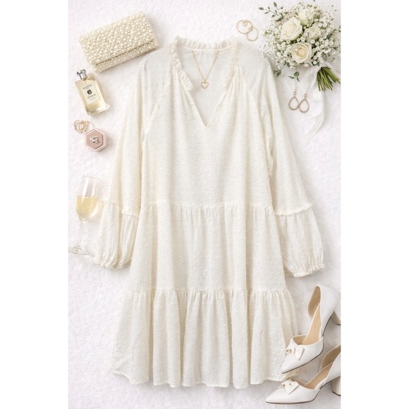 CeCe Dresses & Skirts - Womens Boho Tiered Mini Dress White Swiss Dot Ruffle Neck XL CeCe